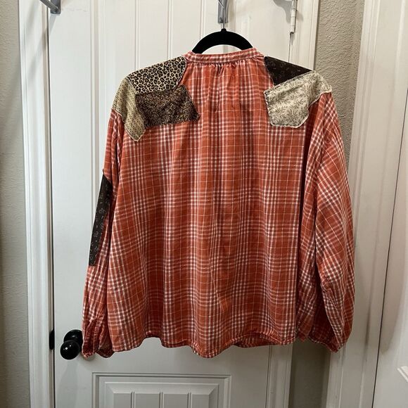 Universal Thread Orange Plaid Mixed Print Sewn Patchwork Custom Top Womens Sz L - Picture 8 of 11